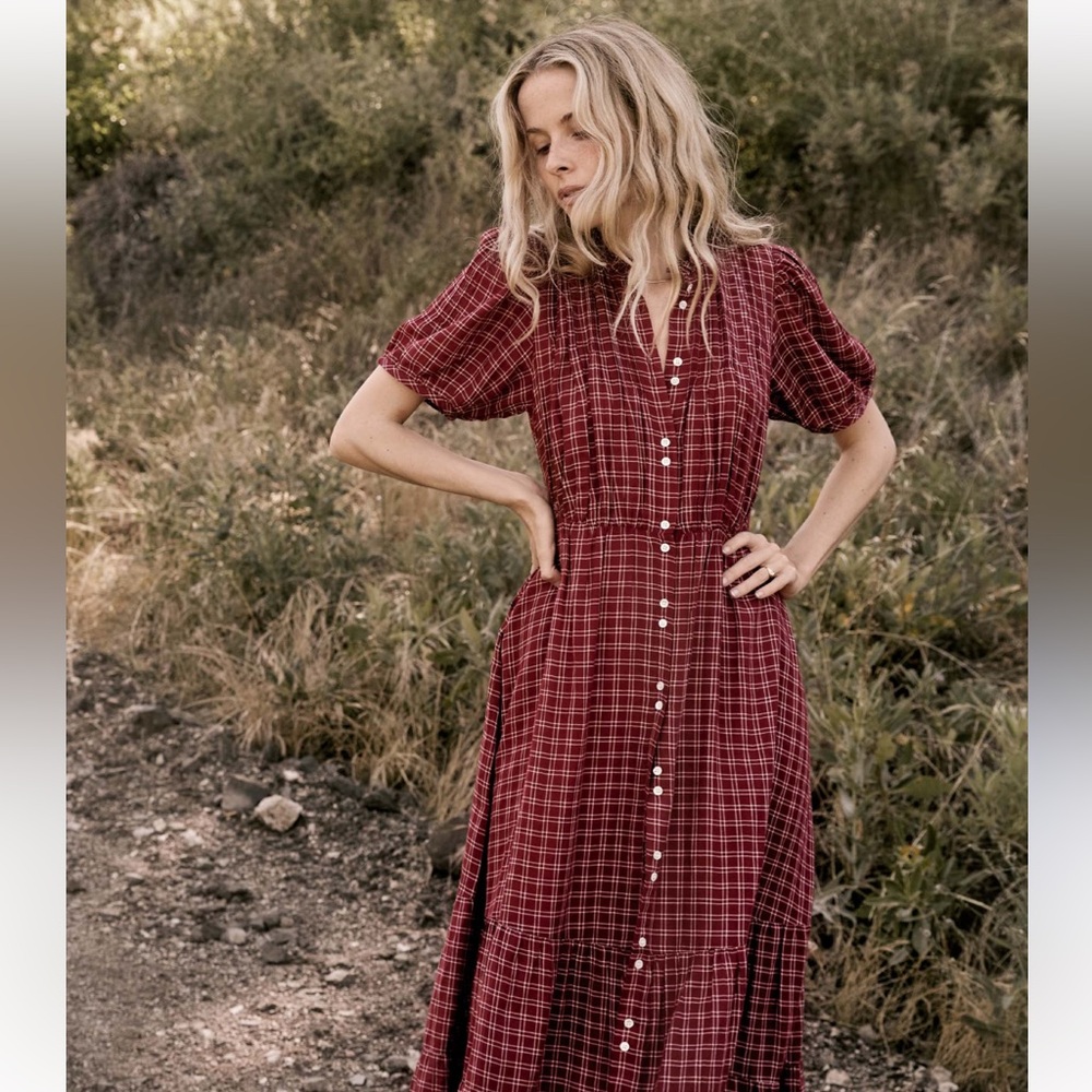 DÔEN Revi Dress Red Plaid Prairie Cottagecore Puff Sleeve Midi M